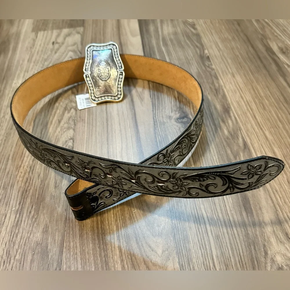 Justin Leather Belt Swarovski Crystals Silver Tooled Removable Buckle 34 NWT